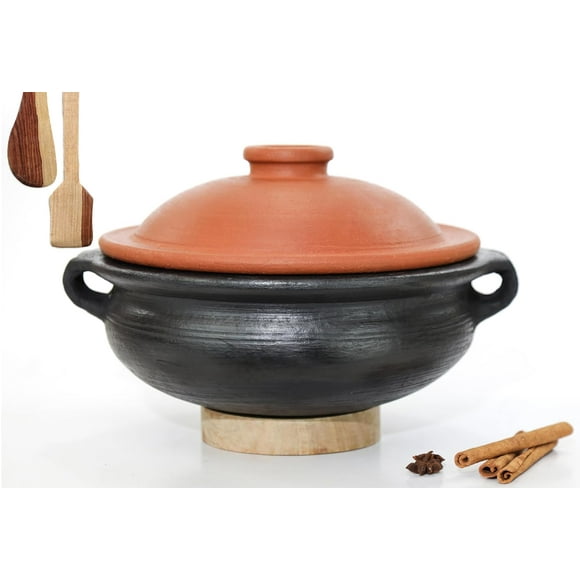 Deep Burned Uncoated Clay Pot With Lid & Handle Or Mitti Handi With 2 Spatulas Complimentary For Cooking & Serving - Black, 1 Liter | Pre-seasoned Mud Pot - Unglazed, Double Fired, Hand Crafted