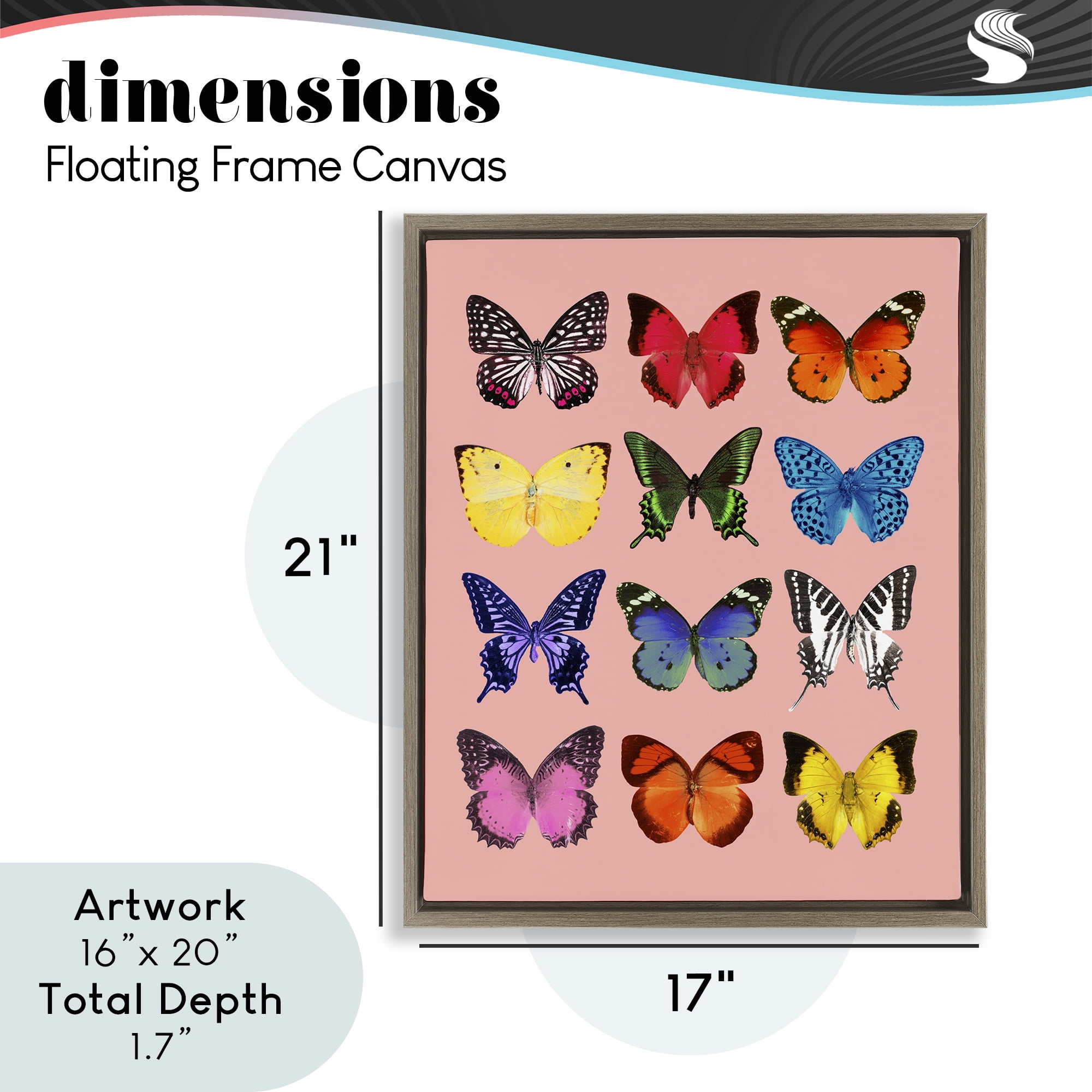 Butterfly Species on Pink Brown Framed Floater Canvas Wall Art, design by LISH Creative