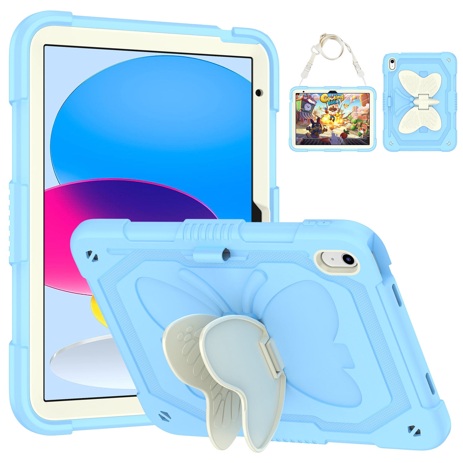 Case for iPad (A16) 11th Gen 2025/10th Gen 2022 10.9 inch with Butterfly Stand, Shockproof Protective Tablet Cover with Pencil Holder Shoulder Strap for Kids Girls, Beige Blue