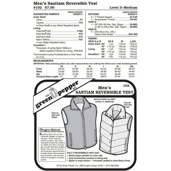 Men's Santiam Reversible Vest #102 Sewing Pattern (Pattern Only)