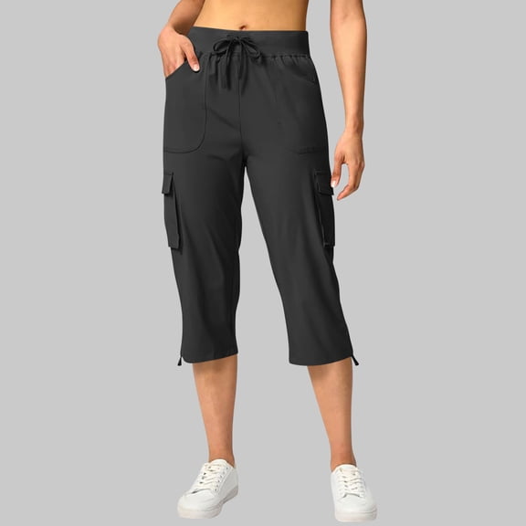 Womens Capri Pants Solid Color High Waist Drawstring Cargo Shorts with Pockets Casual Loose Summer Beach Cropped Trouser