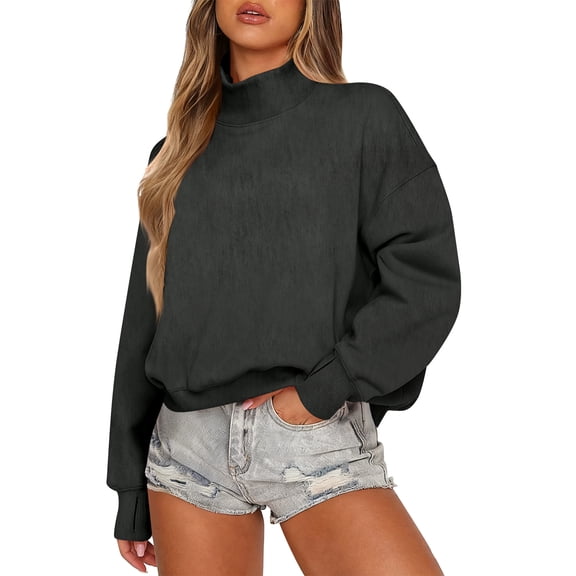 Women's Sweatshirt Long Sleeve Casual Comfort Loose Lightweight High Neck with Pocket Solid Color Fashion Top for Women Daily Wear,Dark Gray,S