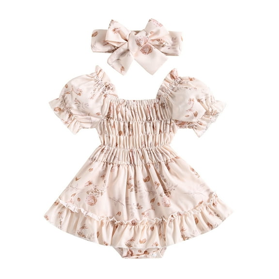 Infant Baby Girls Romper Dress 6M 12M 18M 24M Dot Pattern Short Sleeve Ruched Jumpsuits Skirts Hem Bodysuits Headband