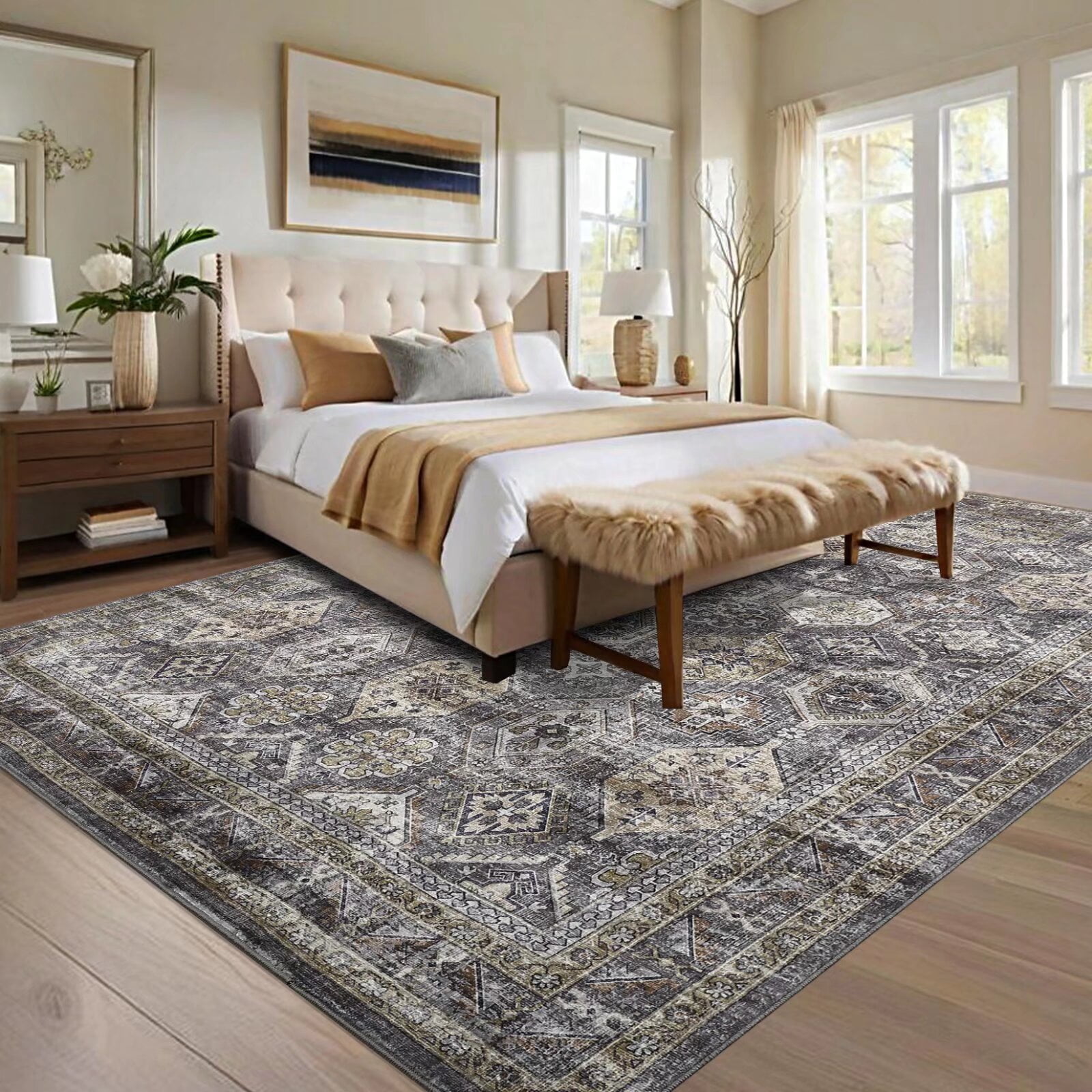 Hasoo Indoor Washable Area Rug 9' x 12' Floral Rugs for Living Room Geometric Throw Floor Mats Non-Slip Accent Carpet Grey/Brown