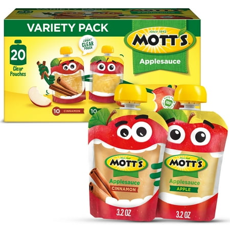 Mott's Apple and Cinnamon Applesauce, Variety Pack, 3.2 oz, 20 Count Clear Pouches
