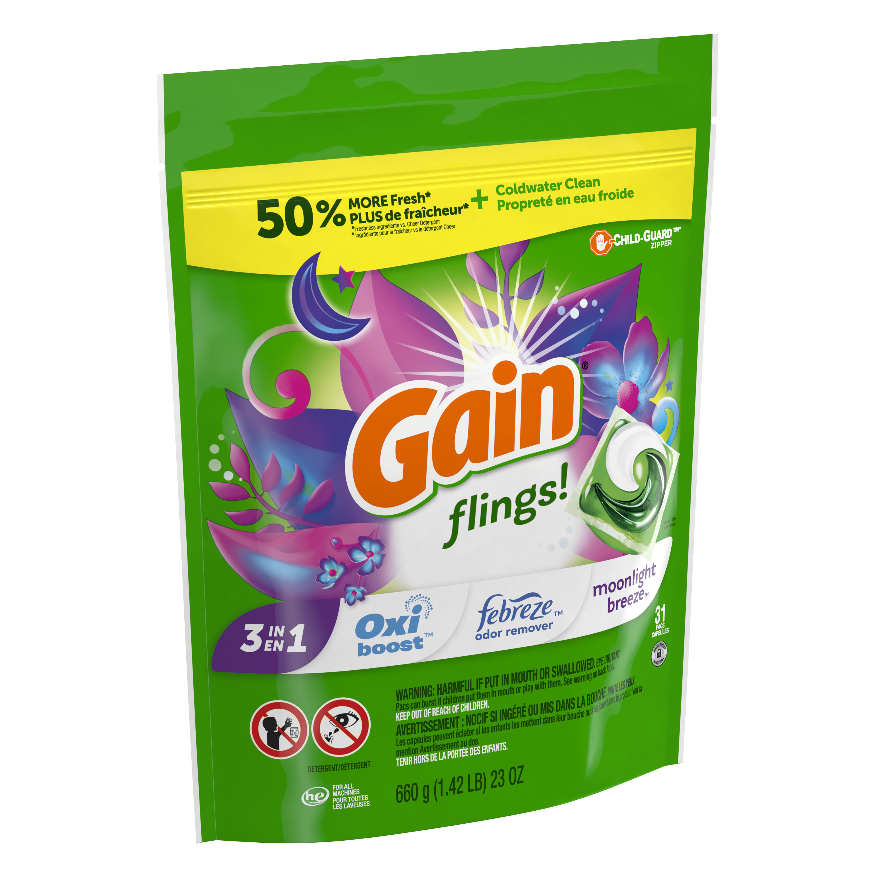 Gain Flings Laundry Detergent Soap Pacs, 31 Ct, Moonlight Breeze - image 2 of 9