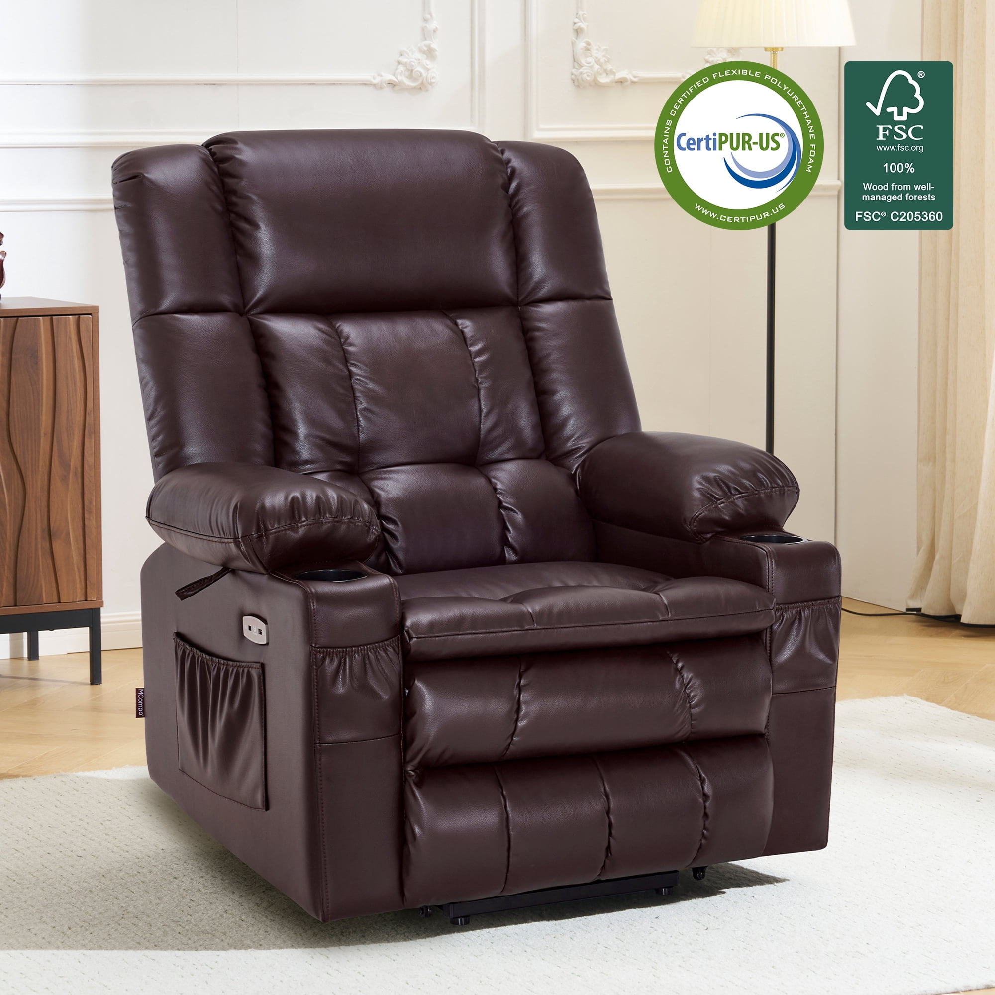 MCombo Large Lay Flat Dual Motor Power Lift Recliner for Big and Tall Elderly, Faux Leather(Dark Brown)