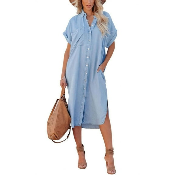 Chouyatou Women's Summer Loose Hand Pocket Midi Long Tunic Denim Shirt Dress