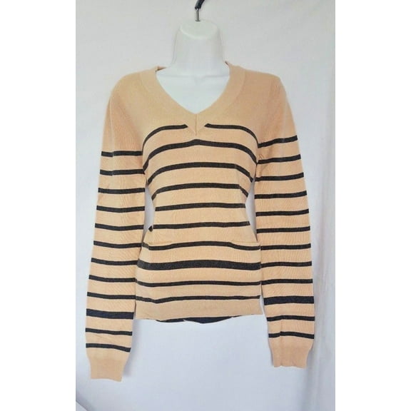 YOON V-Neck Womens Pullover Sweater Beige & Black Stripe XS Small Medium Large