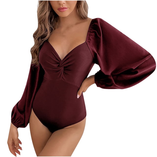 Pompotops Women Fashion V-neck Pullover All-in-one Tight Sexy Solid Color One-Piece