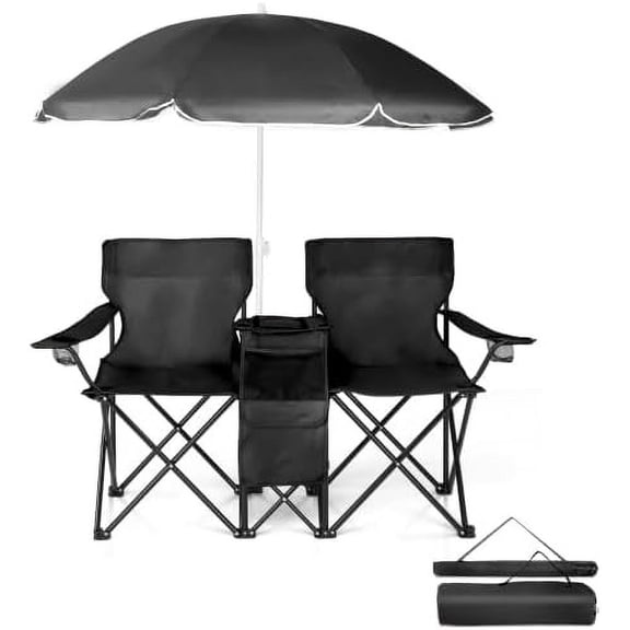 JOYMOR Camping Chairs with Removable Umbrella, Cooler Bag, Folding Double chair with Cup Holders, Side Pocket & Carry Bag