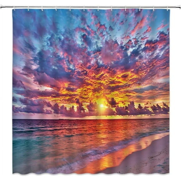 Ocean Sunset Shower Curtain Blue Orange Tropical Sea Beach Waves Exotic Nature Scenery Seaside Landscape Bathroom Fabric Decor Curtain with Hooks