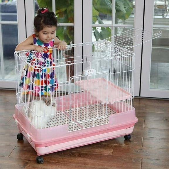 Extra Large Pink 2-Level Indoor Small Animal Pet Cage for Guinea Pig Ferret Chinchilla Cat Playpen Rabbit Hutch with Solid Platform & Ramp Leakproof Litter Tray 2 Large Access Doors Lockable Casters