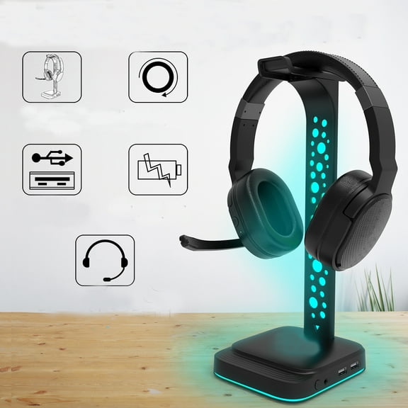 RGB Headset Stand, Gaming Headphone Stand with USB Ports and 3.5mm port, Headphone Holder for Gamer