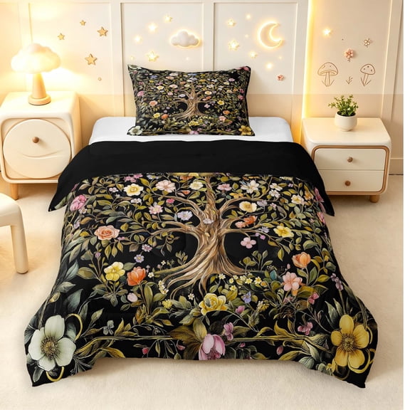 Homewish Vintage Tree Of Life Twin Comforter Sets,Romantic Floral Bedding Set,Black Green,Black Reversible,2pcs,1 Comforter and 1 Pillowcase
