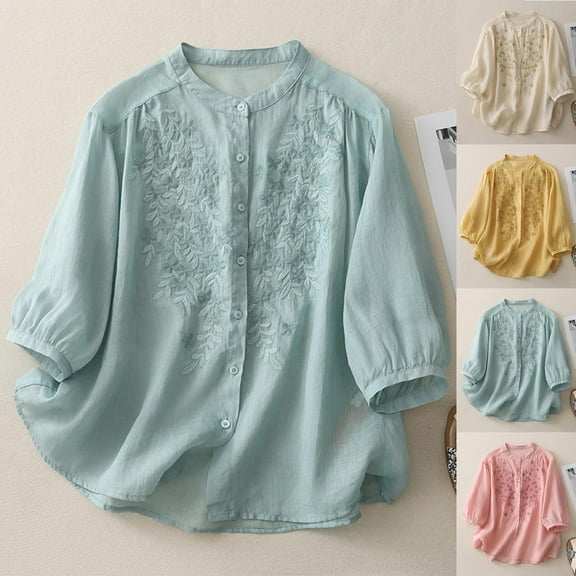 Pxxlle 3/4 Sleeve Shirts for Women Elegant Floral Embroidery Shirt Loose Fit Button Down Lapel Tops Pink XL