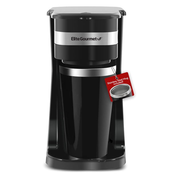 Elite Gourmet EHC113 Cafetera compacta personal de una sola porción incluye 14 oz. Taza de viaje térmica interior de acero inoxidable compatible con filtro reutilizable de posos de café negro Elite Gourmet NA