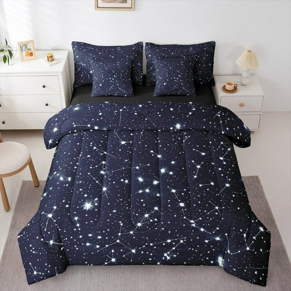 Manfei Constellation Twin Bedding Sets 7-Piece,Galaxy Astrology Bedding Comforter Set,Deepblue White Sheet Sets For Girls,Ultra Soft Home Decor Reversible