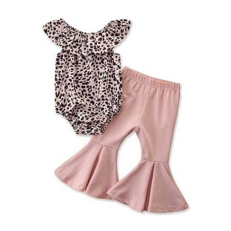 

Canrulo Summer Cute Baby Girls Clothes Leopard Print Off Shoulder Romper Flare Pants 2pcs Sets Pink 6-12 Months