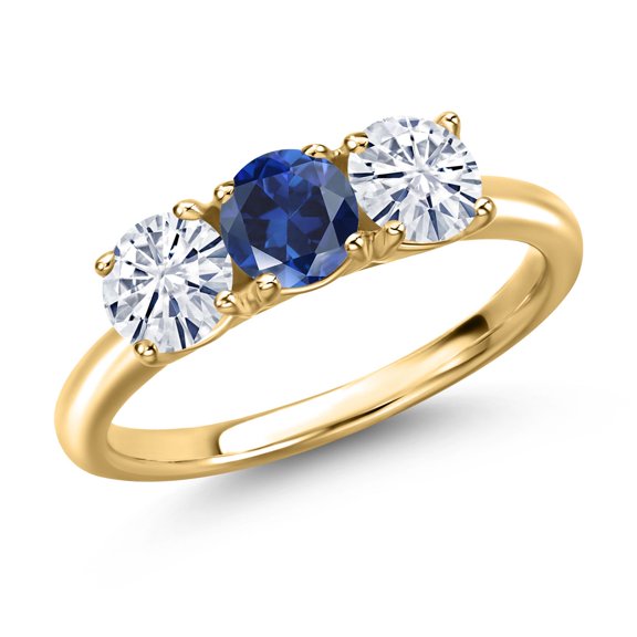 Gem Stone King 18K Yellow Gold Plated Silver Blue Created Sapphire and White Moissanite Engagement Ring for Women | 1.60 Cttw | Round 5MM | Gemstone September Birthstone | Size 8