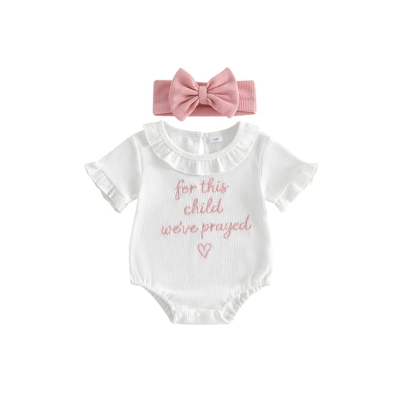 Cenuakty Baby Toddler Newborn Girl Summer Romper Letter Embroidery Ruffled Short Sleeve Jumpsuit with Cute Bow Headband Set