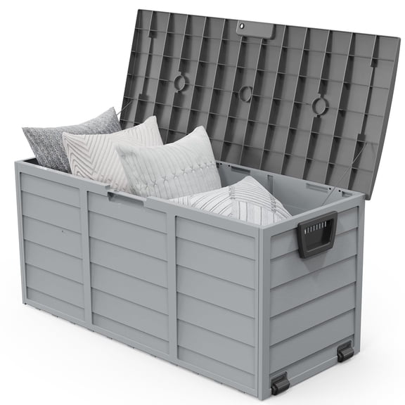 75 Gallon Outdoor Storage Box, Large Lockable Deck Box with Wheels, Waterproof Plastic Patio Container for Garden Tools, Pool Supplies, Balcony, Yard, Grey
