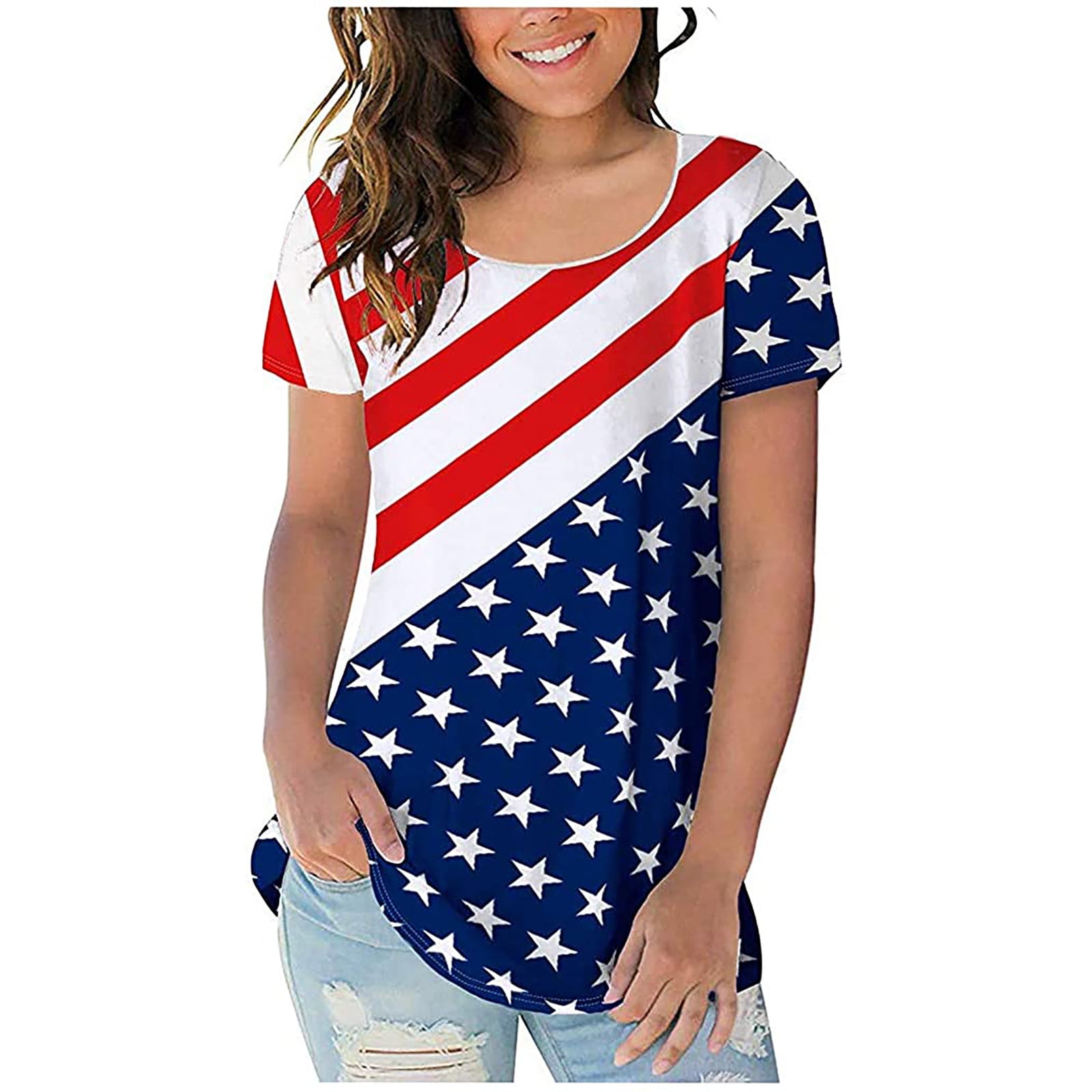 Womens American Flag Shirt Summer Tunic Tops Patriotic USA Print Henley Pleated Casual Blouse 