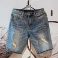 thumbnail image 2 of Pantalones cortos de mezclilla para hombre, bermudas originales, pantalones vaqueros cortos largos para hombre, pantalones azules rotos a la mitad con botones, ropa de calle Harajuku en oferta, talla, 2 of 4