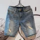 thumbnail image 2 of Pantalones cortos de mezclilla para hombre, bermudas originales, pantalones vaqueros cortos largos para hombre, pantalones azules rotos a la mitad con botones, ropa de calle Harajuku en oferta, talla, 2 of 5