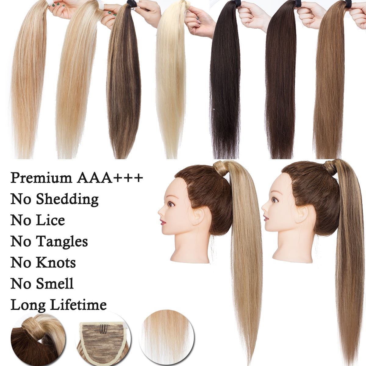 SEGO Clip in Hair Extensions Human Hair 100% Remy Human Hair Wrap Around Ponytail Extension Thick Long Straight Hairpiece with Comb Magic Paste Pony Tail