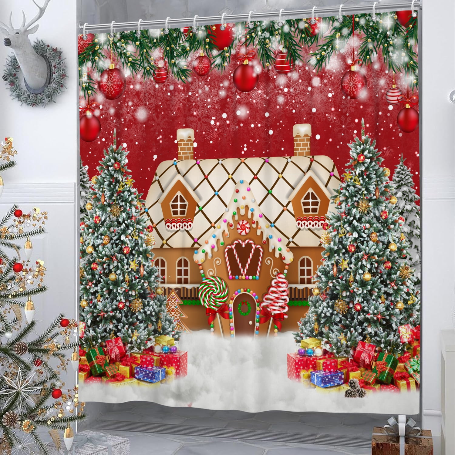 Winter Christmas Shower Curtain,Xmas Pine Tree Red Waterproof Fabric Bath Curtain with Hooks,72"x78"