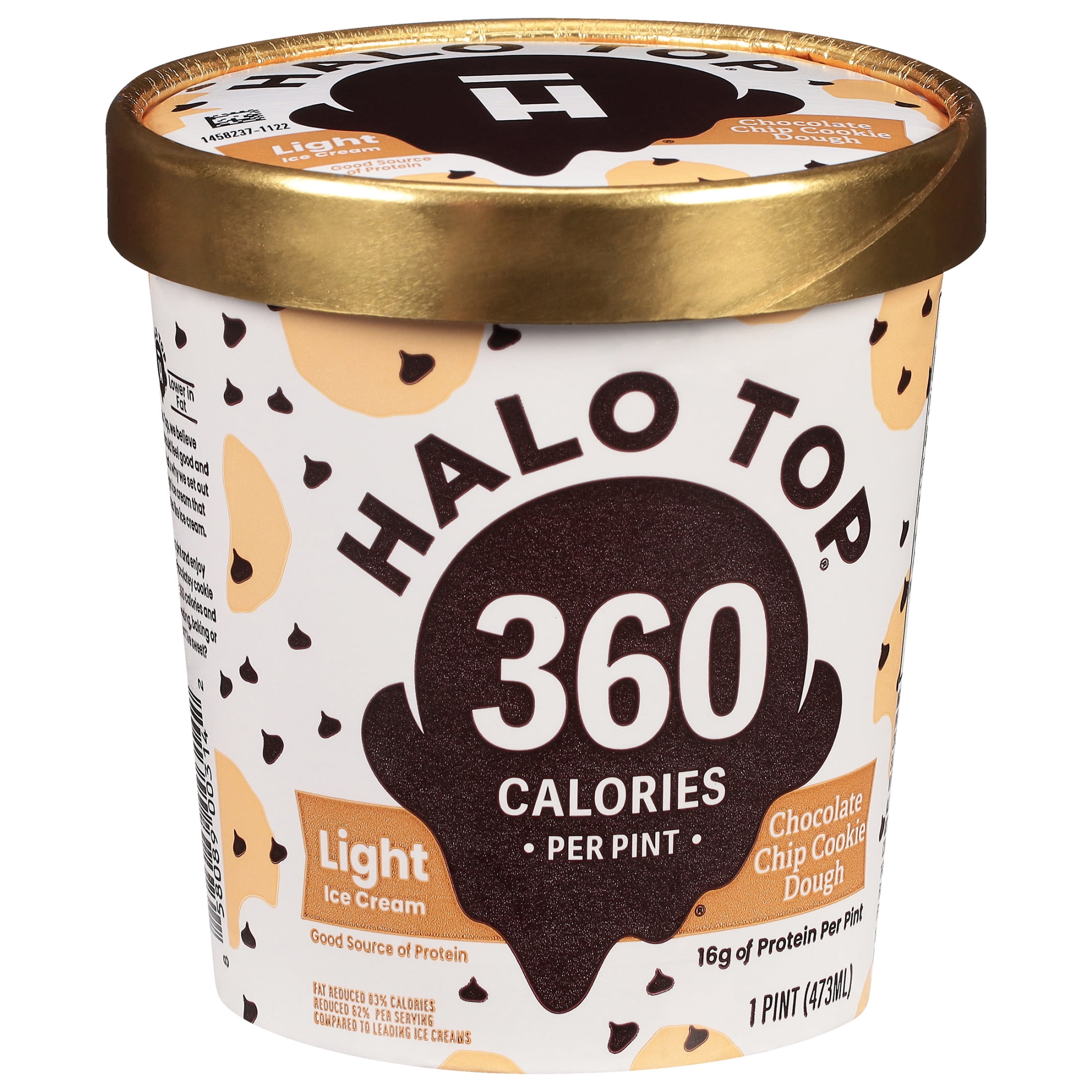 Halo Top Chocolate Chip Cookie Dough Light Ice Cream, With a Good Source of Protein, Lower Calorie Frozen Dessert, 16 fl oz Pint