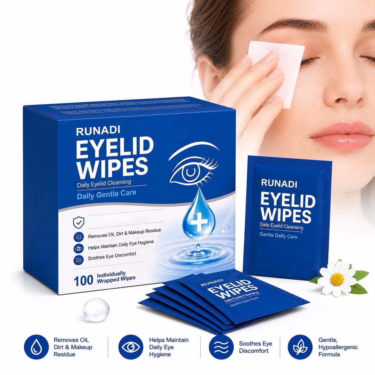 RUNADI Eyelid Wipes, 100 Count, Infused with Aloe Vera & Tea Tree Oil, Individually Wrapped, Fragrance Free for Sensitive Eyes