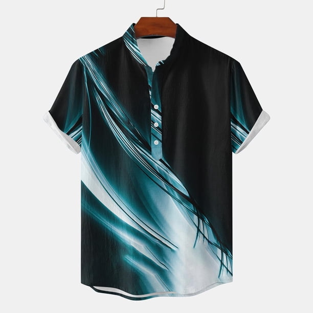 Blusa y camisa de manga corta con cuello alto para hombre, informal, a la moda, con estampado, de poliéster