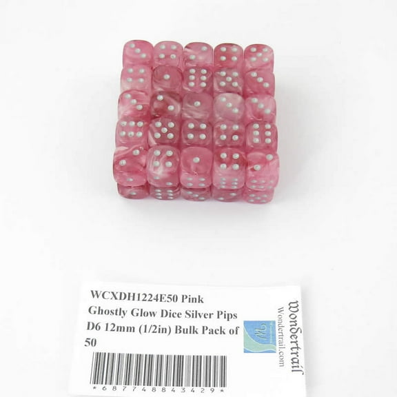 Pink Ghostly Glow Dice with Silver Pips D6 12mm (1/2in) Bulk Pack of 50 Wondertrail
