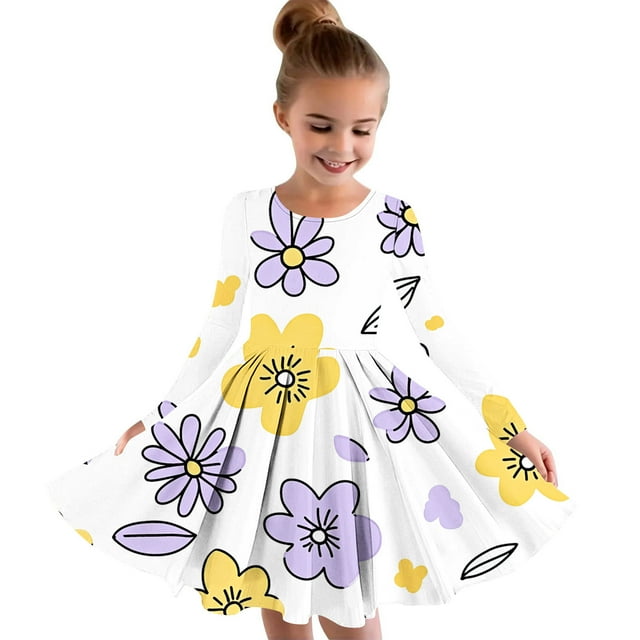 Odeerbi Niñas Vestido de Patinadora Floral Acampanado Vestidos de Princesa 4-14 Años Niñas Vestido de Patinadora Cuello Redondo Vestido de Manga Larga