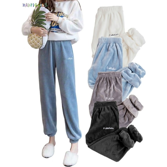 BadPiggies Women's Plush Pajama Pants Casual Fluffy Sleepwear Fleece Sleep Trousers Plus Size (Blue)