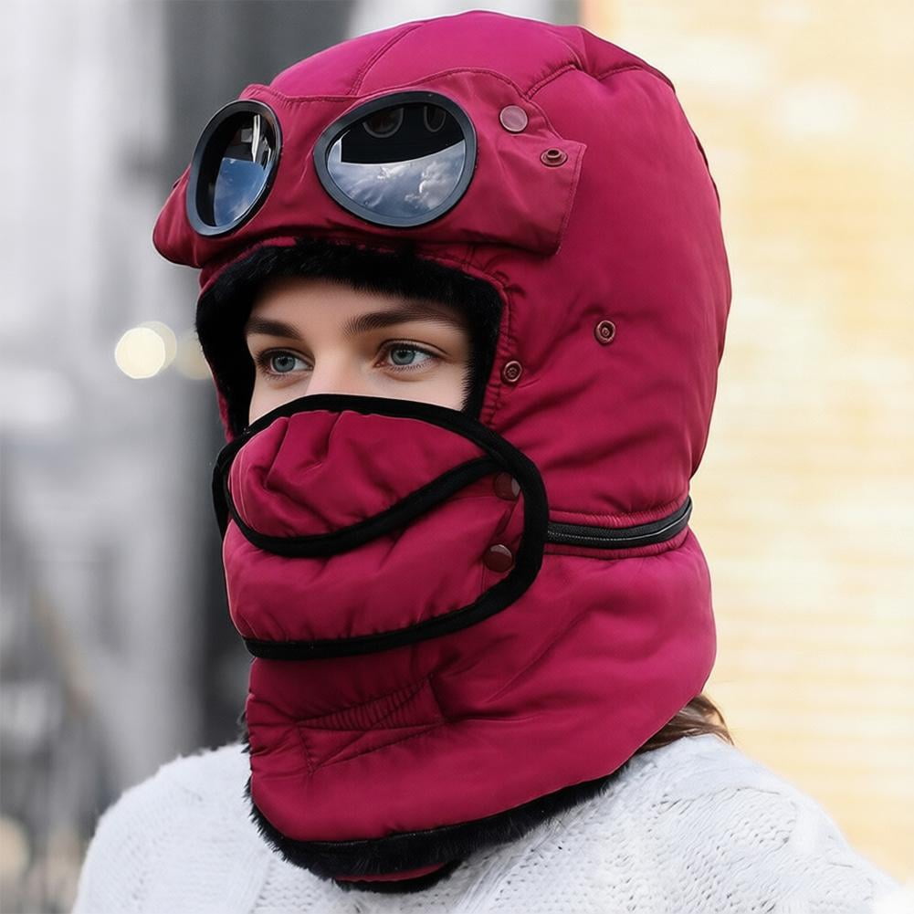 3-in-1 Winter Trapper Hat with Anti-Fog Goggles and Face Mask, Windproof Thermal Ski Mask for Snowboarding and Extreme Cold, Red