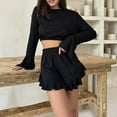 thumbnail image 6 of cfhntfmh Women's Knit Pajamas Long Sleeve Crop Tops with Ruffle Shorts 2 Piece Outfit Sleepwear Matching Lounge Set, 6 of 6