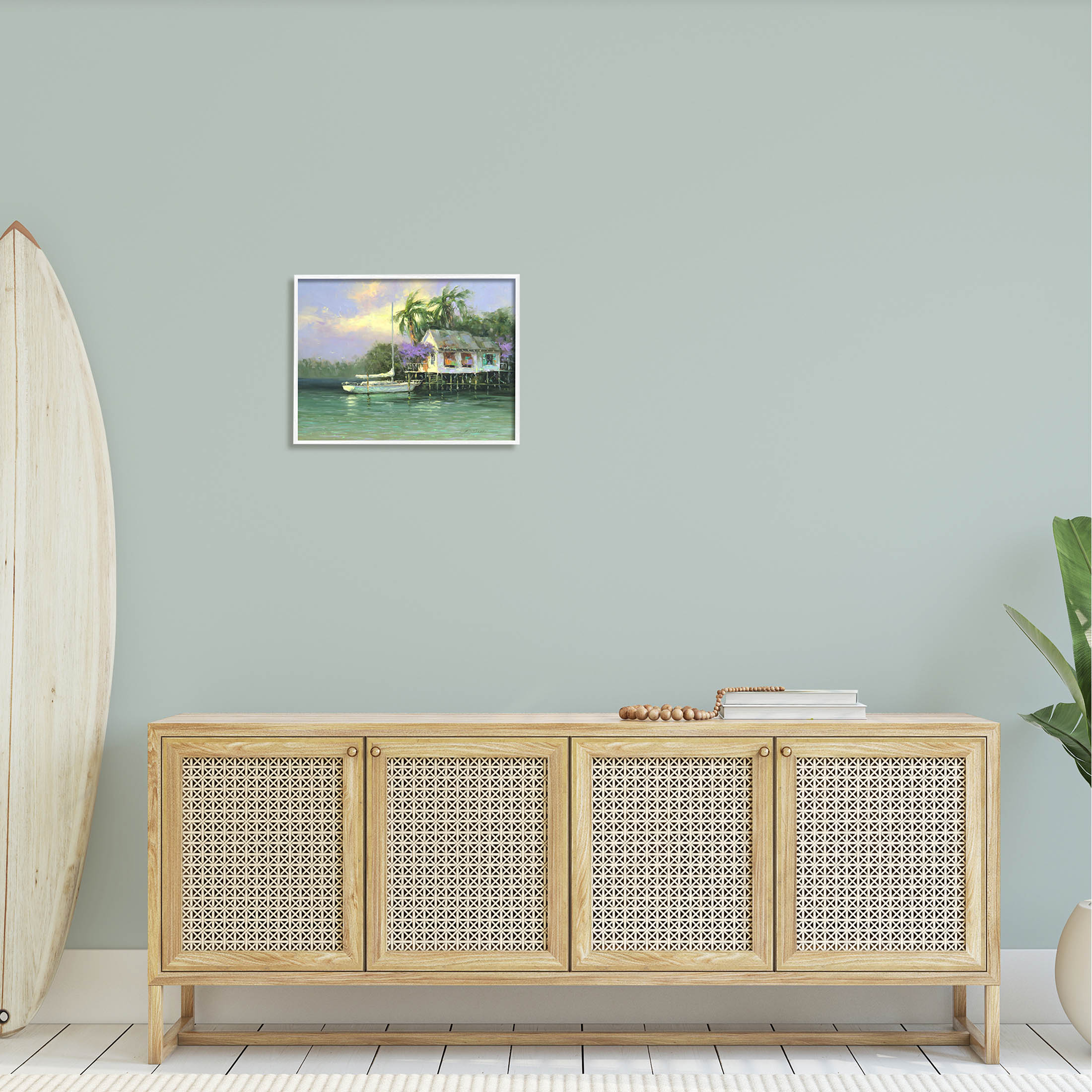 Summer Ocean Pier Palm Trees Landscape Painting White Framed Art Print Wall Art