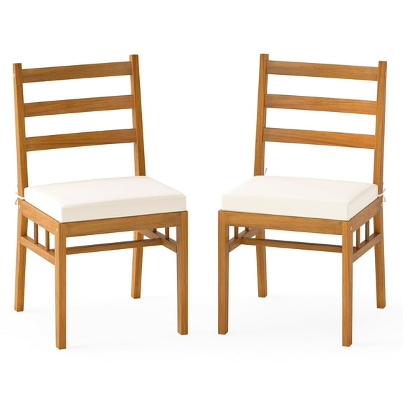 Gymax Solid Acacia Wood Patio Chair Set of 2 w/ Padded Seat Cushions
