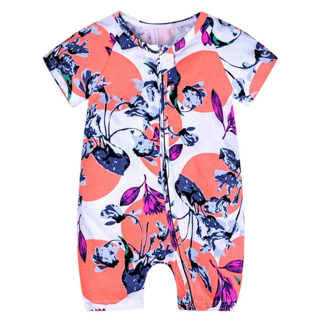 MIASHUI Barboteuse d'Été à Manches Courtes pour Bébé avec Imprimé, Double Fermeture Éclair, Tenue à Ramper, Rose Vif, 3-6 Mois