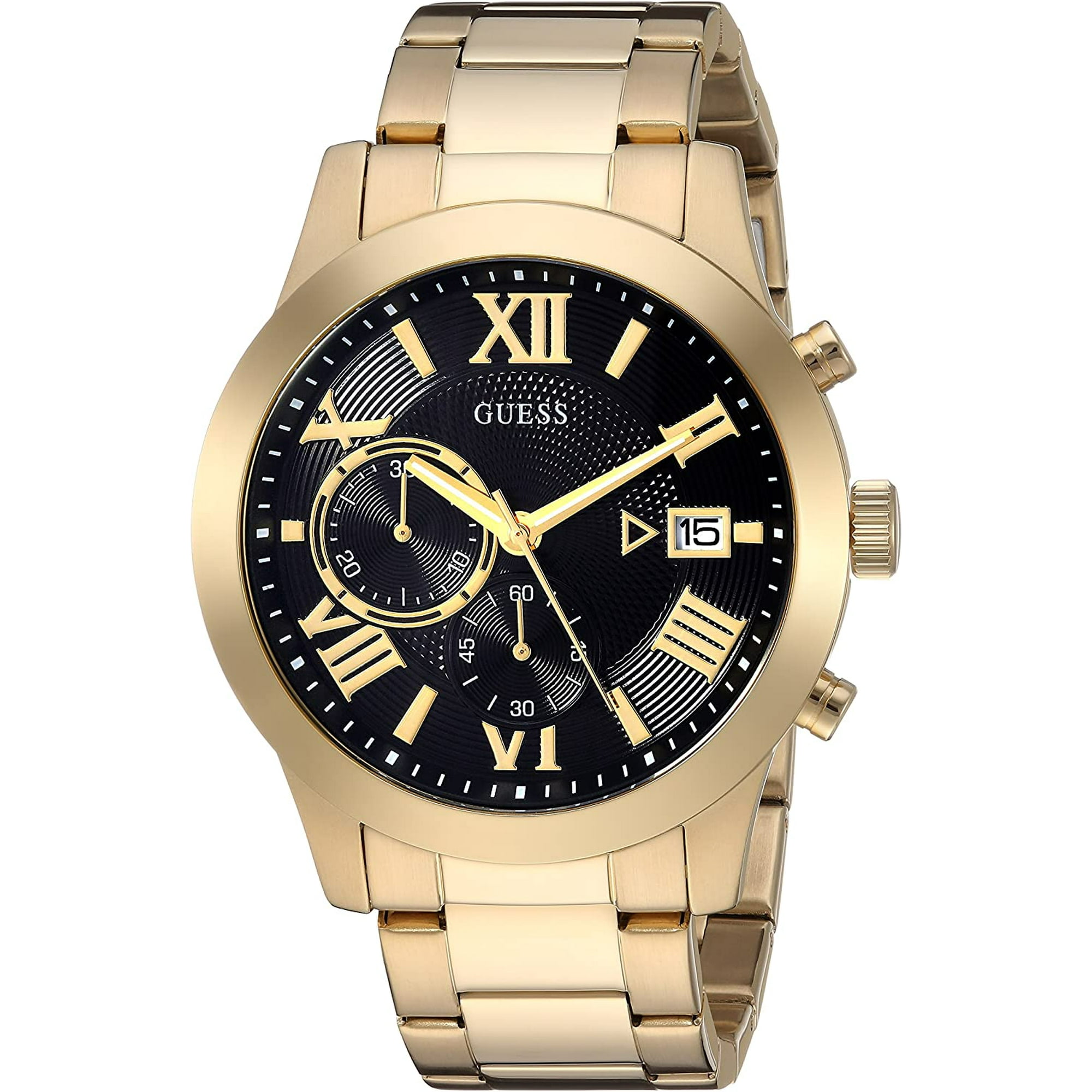 GUESS Gold Tone Stainless Steel Black Chronogaph Bracelet Watch with Date. Color Gold Tone Black Model U0668G8 Walmart