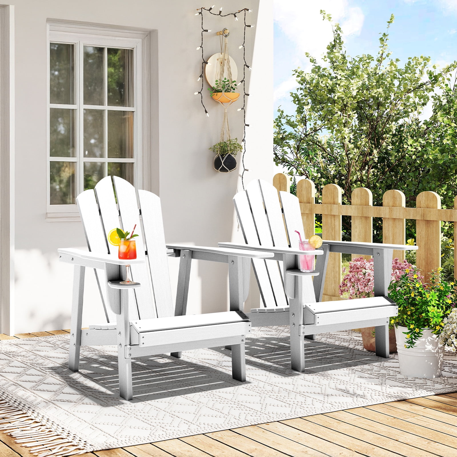 Tappio HDPE Adirondack Chair, Patio Seat All Weather Outdoor Patio Chair with Cup Holder for Lawn Yard Fire Pit, White