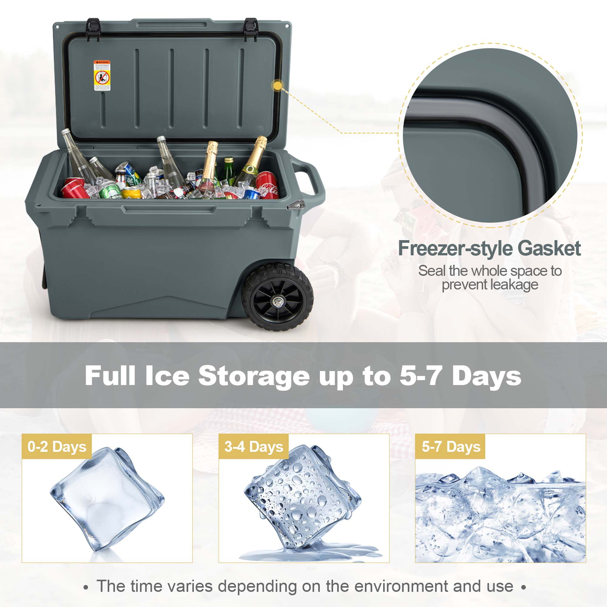 Costway 75 Qt Portable Cooler Roto Molded Ice Chest Insulated 5-7 Days with wheels Handle Charcoal
