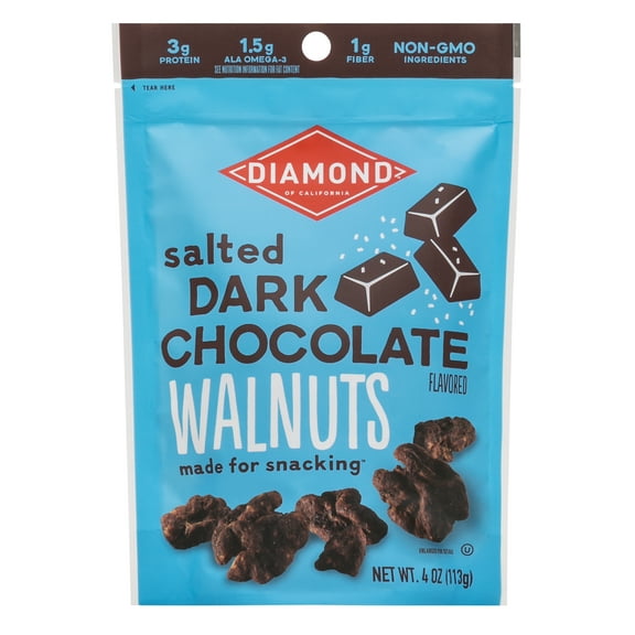 Diamond, Salted Dark Chocolate Walnuts, Crunchy, 4 oz Shelf Stable Plastic Pouch