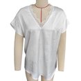thumbnail image 1 of Camiseta con cuello en V y encaje para mujer, manga corta, informal, holgada, color puro, jersey de verano, Top blanco S, 1 of 3