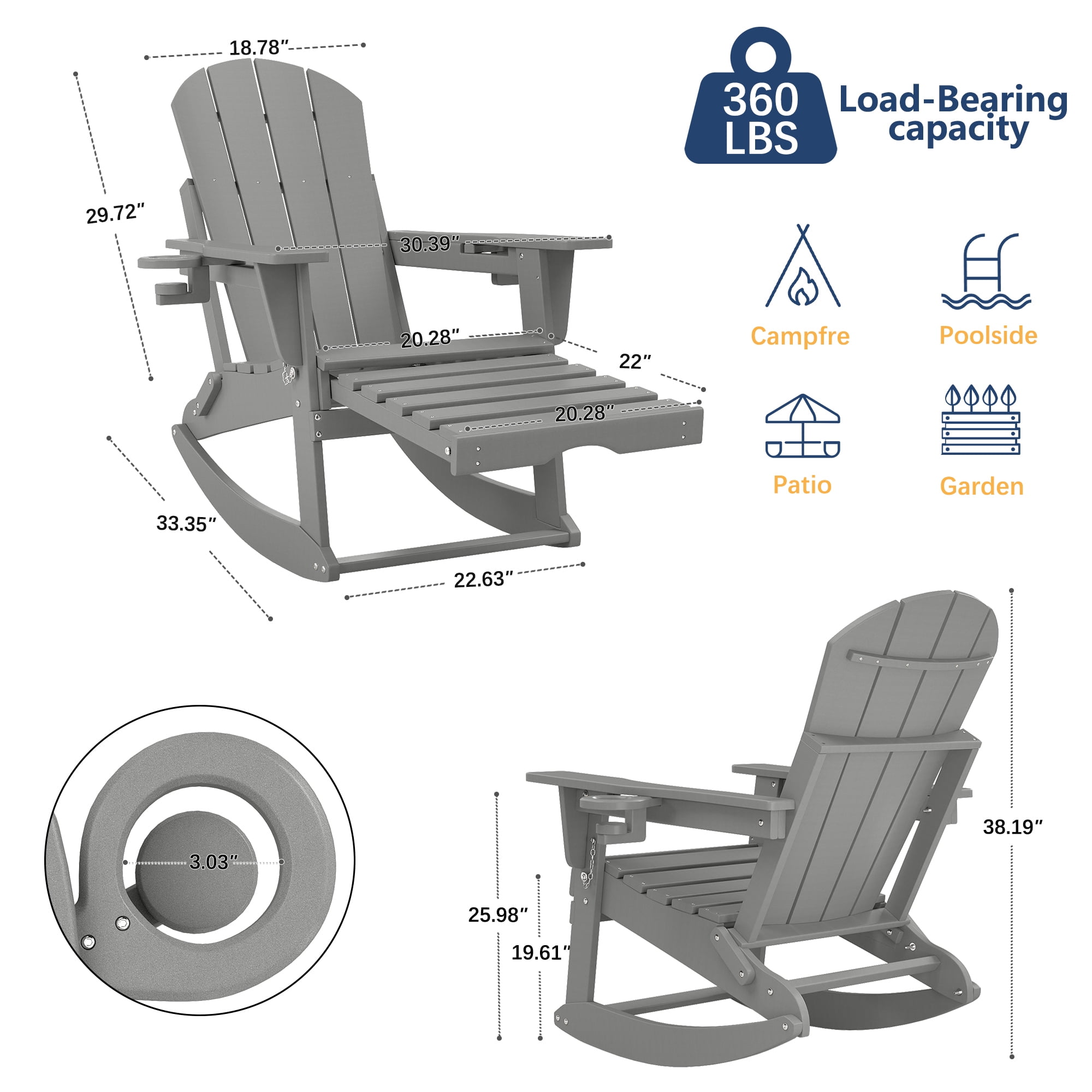 FOOWIN HDPE Plastic Rocking Adirondack Chair, Folding Rocking Chairs for Patio Porch Rocker Chair, Light Gray