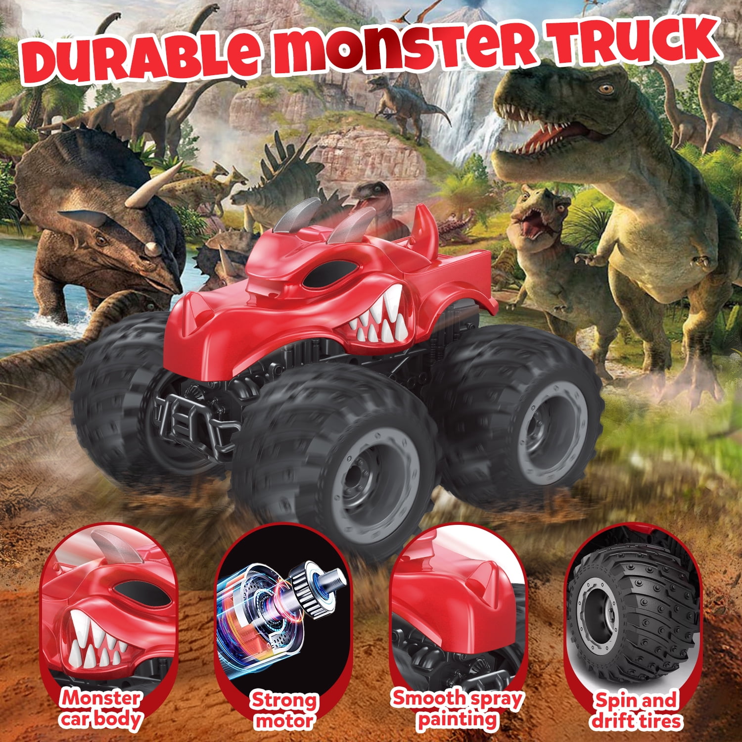 UQN Remote Control Dinosaur Toy Cars for Kids, 2.4 GHz RC Monster Trucks for Boy with Spray, All Terrain RC Dinosaur Car, Christmas Birthday Gifts for ages 3 4 5 4 6 7 8 Boys Toys, Red