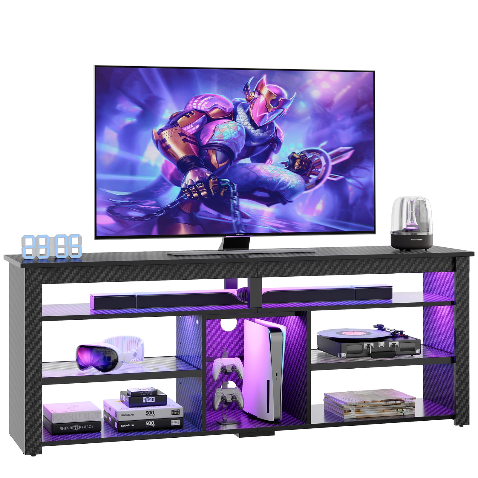 Bestier 63" Tall TV Stand with LED Lights, Entertainment Center for TVs up to 70 inch, TV Console with Storage & Adjustable Shelves in Black Carbon Fiber
